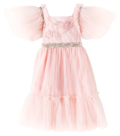 Patachou Kids' Sequined Polka-dot Tulle Dress In Pink