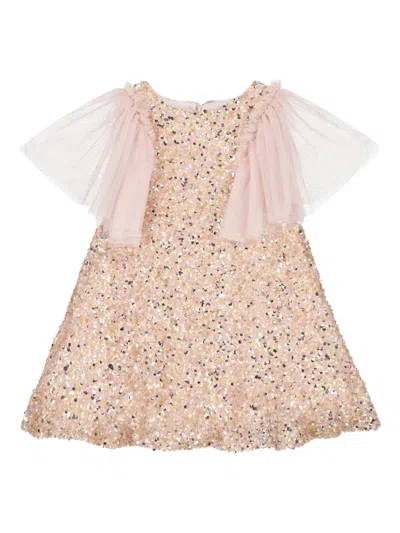 Patachou Kids' Sequined Tulle-sleeve Dress In Pink