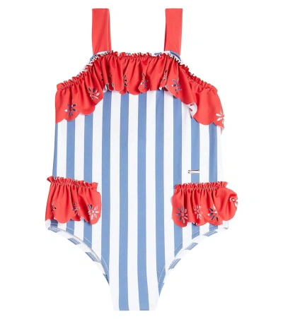 Patachou Kids' Striped Ruffled Swimsuit In Marine Stripes