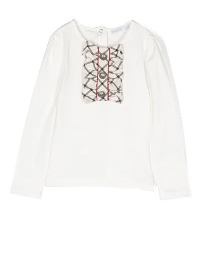 Patachou Kids' Tartan-bow Long-sleeve T-shirt In White