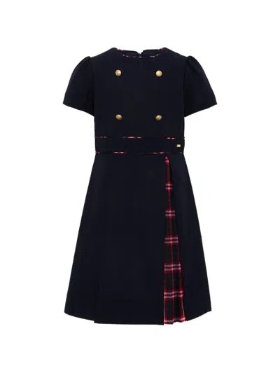 Patachou Kids' Tartan-panel Button-embellished Dress In Blue