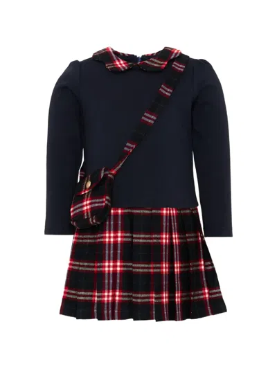 Patachou Kids' Tartan-skirt Long-sleeve Dress In Blue