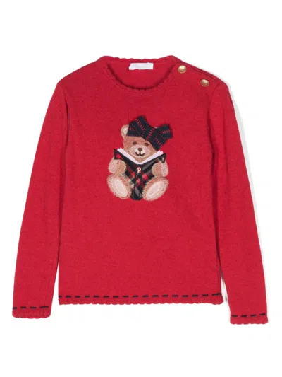 Patachou Kids' Teddy-bear-embroidered Sweater In Red