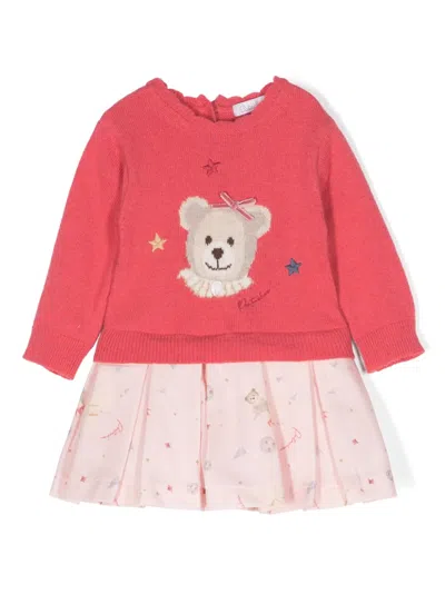 Patachou Babies' Teddy Bear-print Layered Dress In Pink