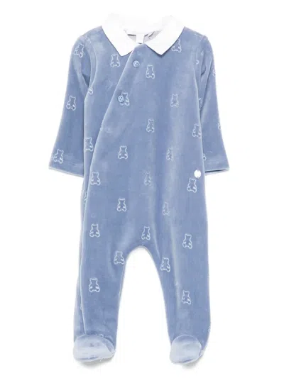 Patachou Babies' Teddy Bear-print Velvet Pajama In Blue