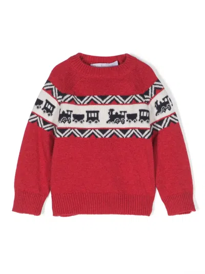 Patachou Babies' Train-pattern Knitted Jumper In Red