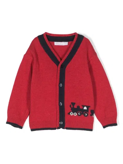 Patachou Babies' Train-pattern Two-tone Cardigan In Red