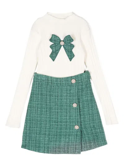 Patachou Kids' Tweed Skirt Set In 绿色