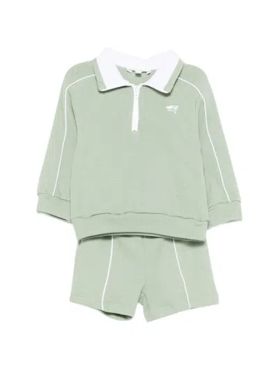Patachou Babies' Zip-up Collared Shorts Set In Green