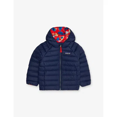 Patagonia Babies' Forest Being: Sizzle Red Graphic-print Reversible Woven Down Hoody 12 Months- In Blue