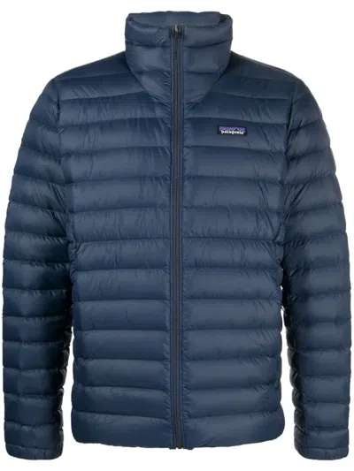 Patagonia Quilted Down Jacket With High Collar And Front Zipper In Blue