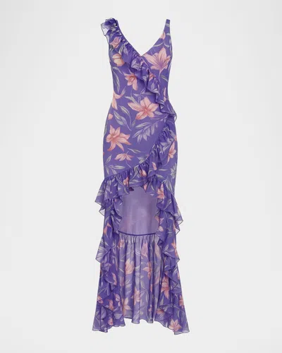 Patbo Amaryllis Floral Frill Gown In Blue