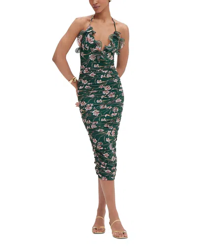 Patbo Botanic Ruffle Neck Ruched Midi Dress In Green