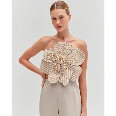 Patbo Candy Linen Hand-beaded Flower Top In Natural