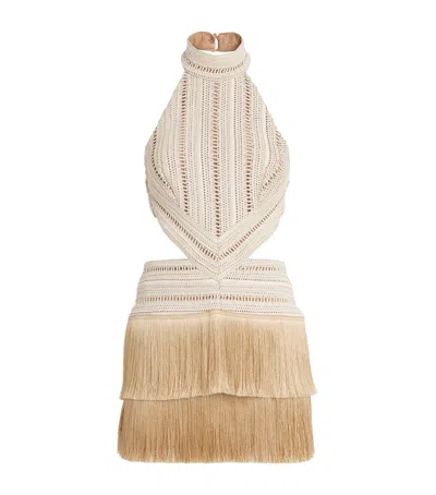 Patbo Crochet Fringed Mini Dress In Beige