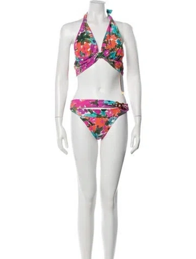 Pre-owned Patbo Floral Print Chain-link Accents Bikini W/ Tags In Black