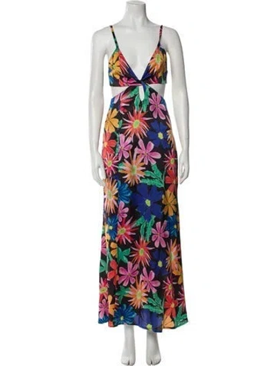 Pre-owned Patbo Floral Print Long Dress In Black