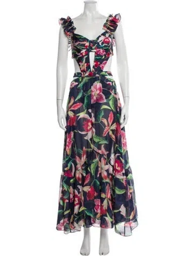Pre-owned Patbo Floral Print Long Dress In Blue