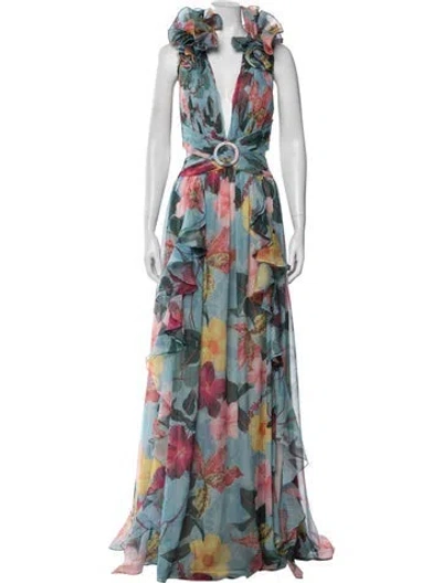 Pre-owned Patbo Floral Print Long Dress In Blue