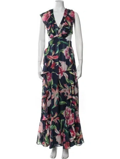 Pre-owned Patbo Floral Print Long Dress In Blue