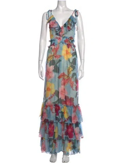 Pre-owned Patbo Floral Print Long Dress In Blue