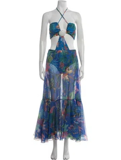 Pre-owned Patbo Floral Print Long Dress In Blue