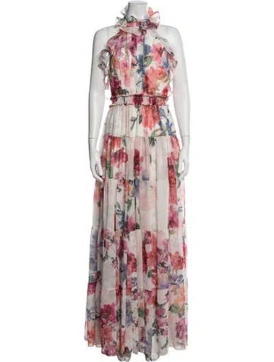 Pre-owned Patbo Floral Print Long Dress In White