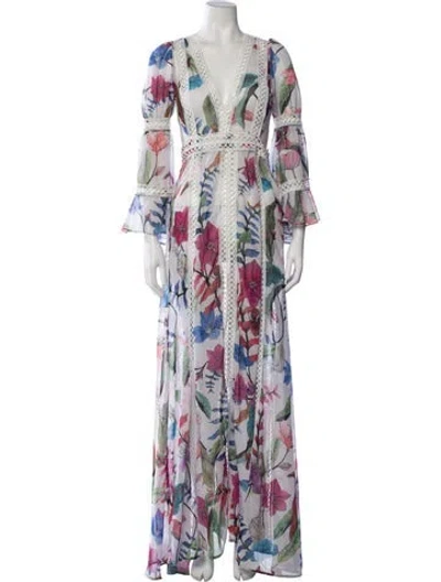 Pre-owned Patbo Floral Print Long Dress In White