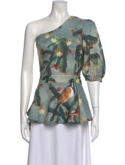 Pre-owned Patbo Floral Print One-shoulder Blouse In Green
