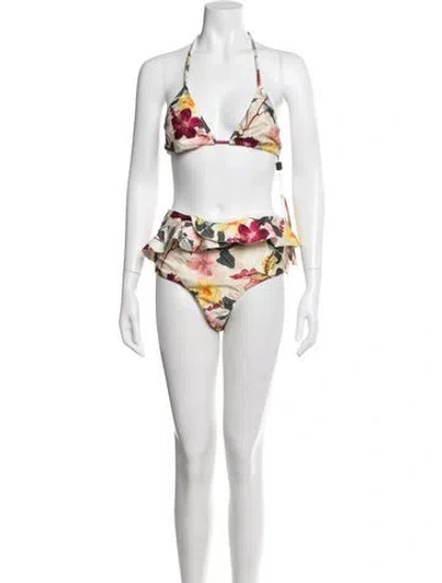 Pre-owned Patbo Floral Print Ruffle Embellishment Bikini W/ Tags In Blue
