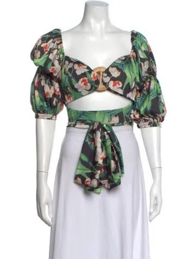 Pre-owned Patbo Floral Print Square Neckline Crop Top In Green