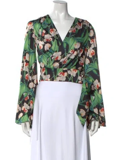 Pre-owned Patbo Floral Print V-neck Blouse W/ Tags In Green