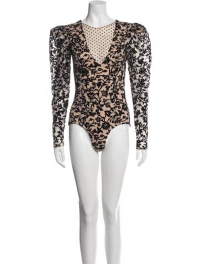 Pre-owned Patbo Floral Print V-neck Bodysuit In Black