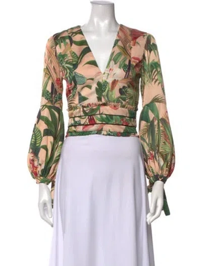 Pre-owned Patbo Floral Print V-neck Top In Green/neutrals