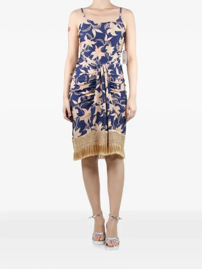 Pre-owned Patbo Floral-print Fringe Dress In Blue