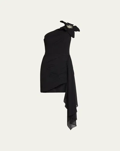 Patbo Flower Applique One-shoulder Mini Dress In Black