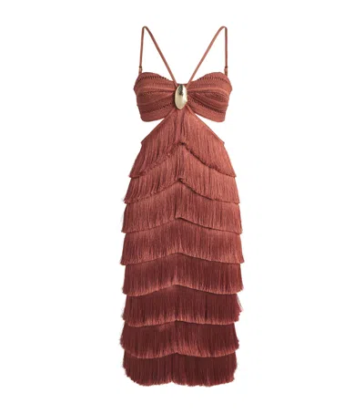 Patbo Fringed Cut-out Amber Midi Dress In Brown