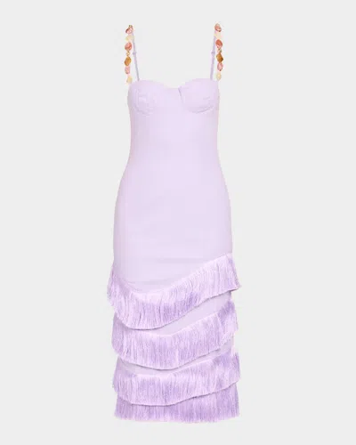 Patbo Gabriela Linen Fringe-trim Midi Dress In Animal Print