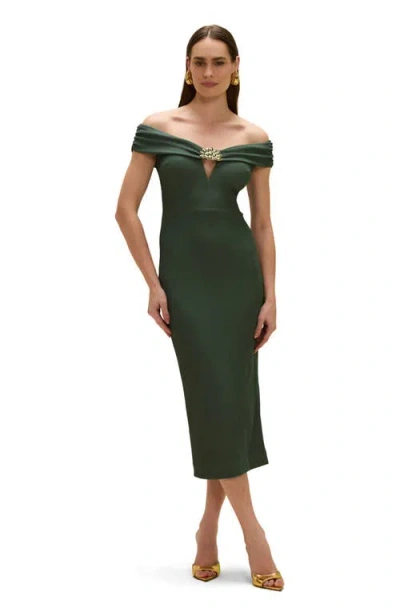 Patbo Hilda Knit Off Shoulder Midi Dress In Green