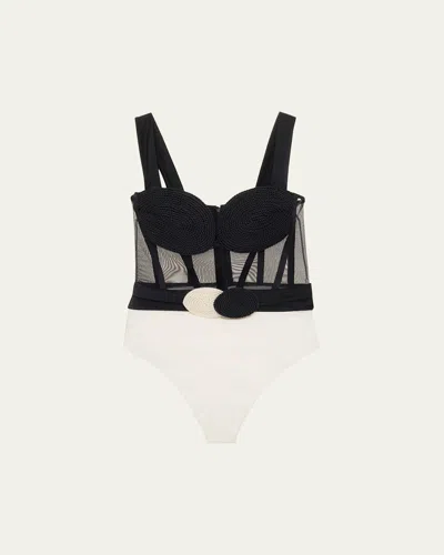 Patbo Jersey Sands Braided Corset One-piece Swimsuit In Black And White