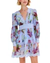 Patbo Lily Flower Long Sleeved Plunge Mini Dress In Blue