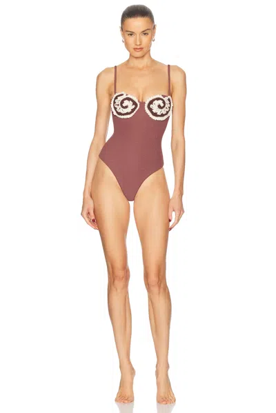 Patbo Merian Knit Embroidered One Piece Swimsuit In Brown