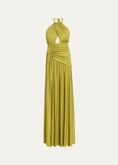 Patbo Metallic Jersey Open-back Halter Maxi Dress In Green