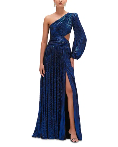 Patbo Metallic Plisse One Shoulder Gown In Blue