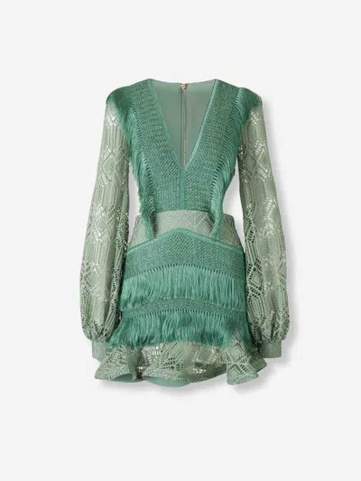 Patbo Fringeed Long-sleeve Mini Dress In Green