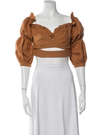 Pre-owned Patbo Off-the-shoulder Short Sleeve Crop Top In Brown