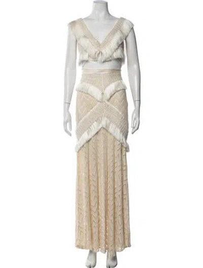Pre-owned Patbo Patterned Fringe Trim Accent Skirt Set In Neutrals