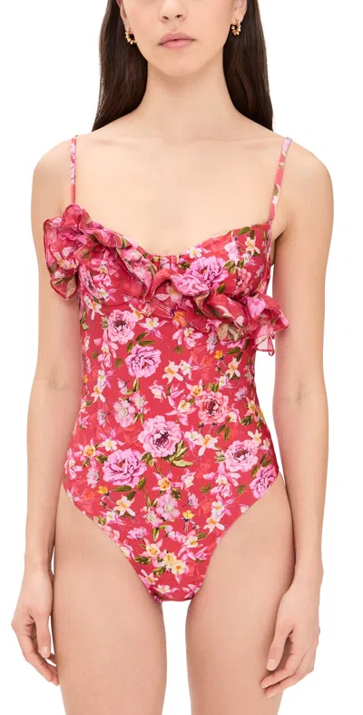 Patbo Peony Ruffle Bodysuit Red In Pink