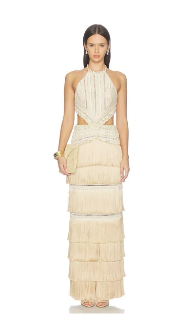 Patbo Petal Fringe Long Dress In Beige
