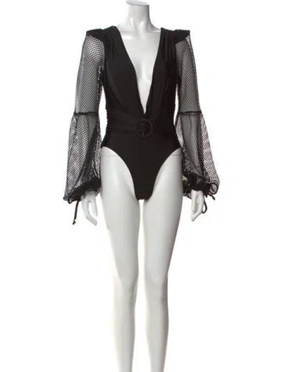 Pre-owned Patbo Plunge Neckline Long Sleeve Bodysuit In Black